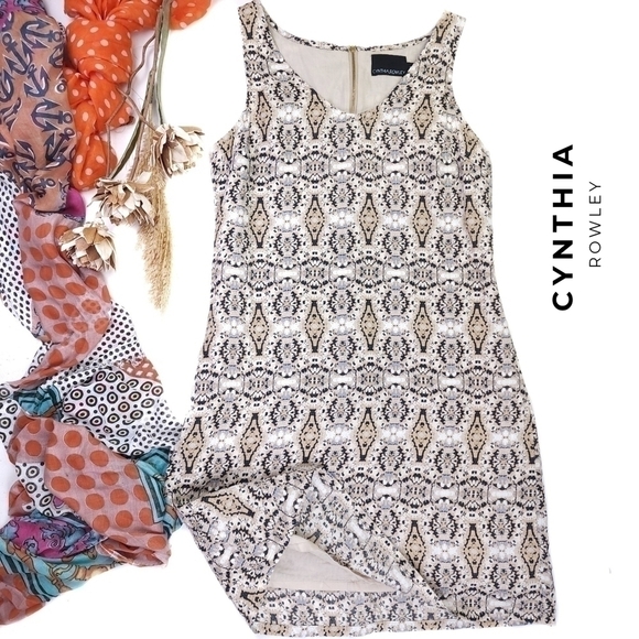 CYNTHIA ROWLEY Anthropologie Linen Cream Gray Print Dress Sz 4 - Picture 1 of 11